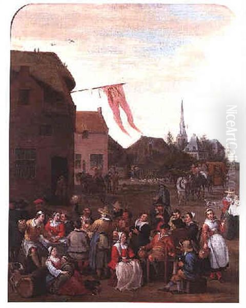 Villagers Feasting At A Table Outside A Village Inn, A Horse-drawn Wagon Approaching Beyond Oil Painting by Matheus van Helmont