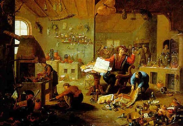 An Alchemist With Assistants In A Laboratory Oil Painting by Matheus van Helmont