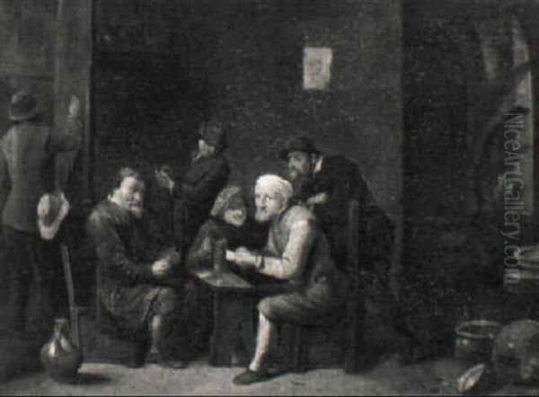 Topers Playing Cards In A Tavern Interior Oil Painting by Matheus van Helmont