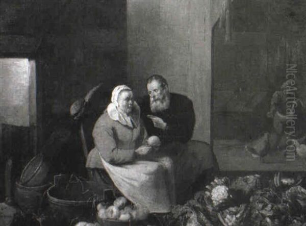 Woman Peeling Turnips In A Barn Oil Painting by Matheus van Helmont