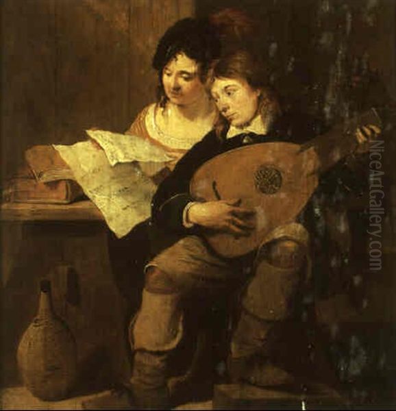 Young Man Playing A Lute With A Lady Reading Music Oil Painting by Matheus van Helmont