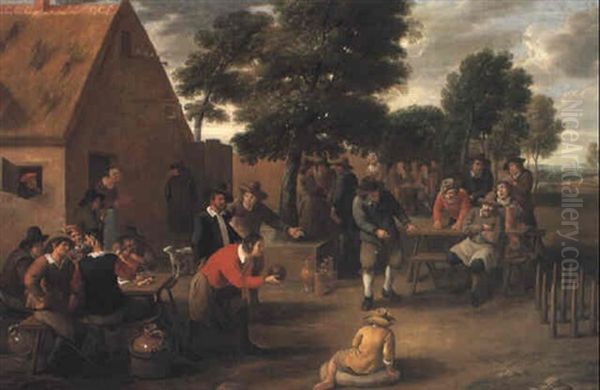 Boors Playing Skittles And Drinking Outside An Inn Oil Painting by Matheus van Helmont