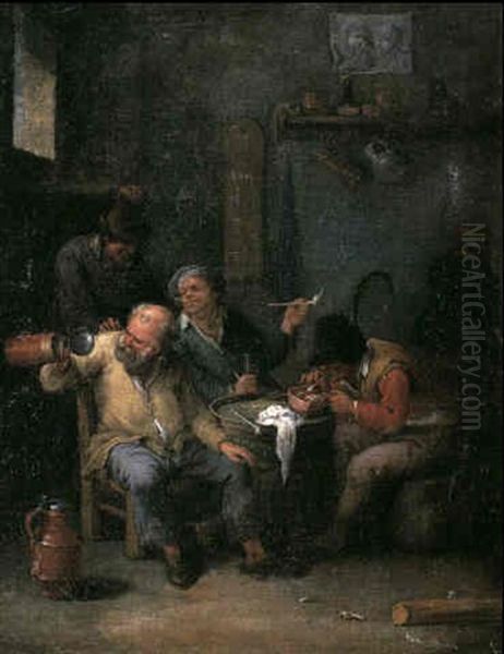 An Interior With Three Seated Peasants Smoking And Drinking Around A Barrel With A Fellow Standing Beneath A Window Oil Painting by Matheus van Helmont