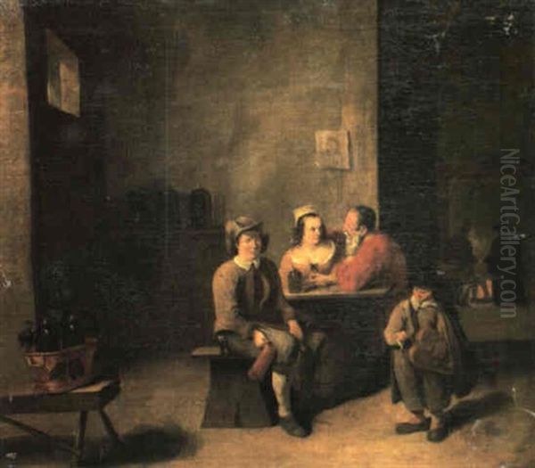 An Interior Of A Tavern With An Amorous Couple Seated At A  Table With Another Companion And A Hurdy-gurdy Player, Oil Painting by Matheus van Helmont