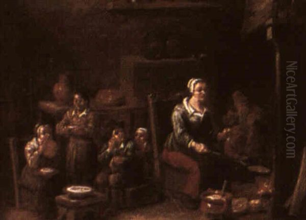 Kitchen Scene With Woman Cooking, Surrounded By Children Oil Painting by Matheus van Helmont