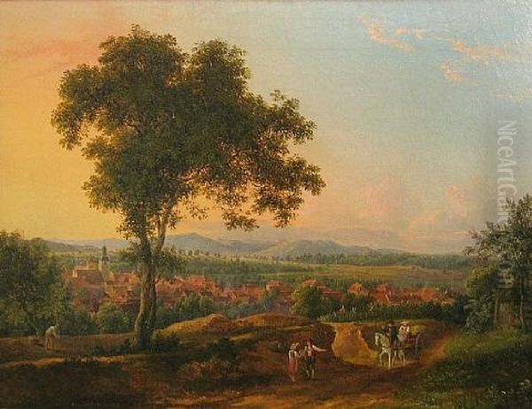 An Extensive Landscape With A View Of A Town And Figures In The Foreground Oil Painting by Friedrich Helmsdorf