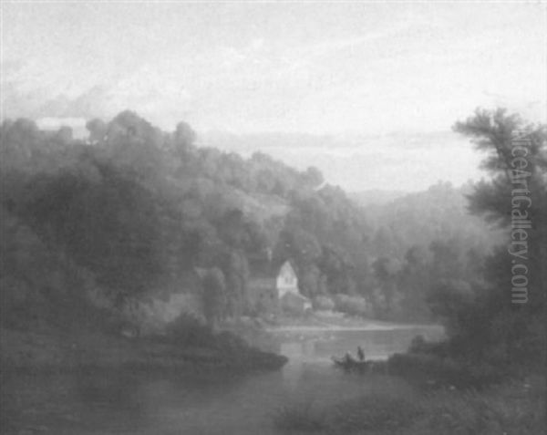 Bewaldetes Flustal Im Abendsonnenlicht Oil Painting by Friedrich Helmsdorf