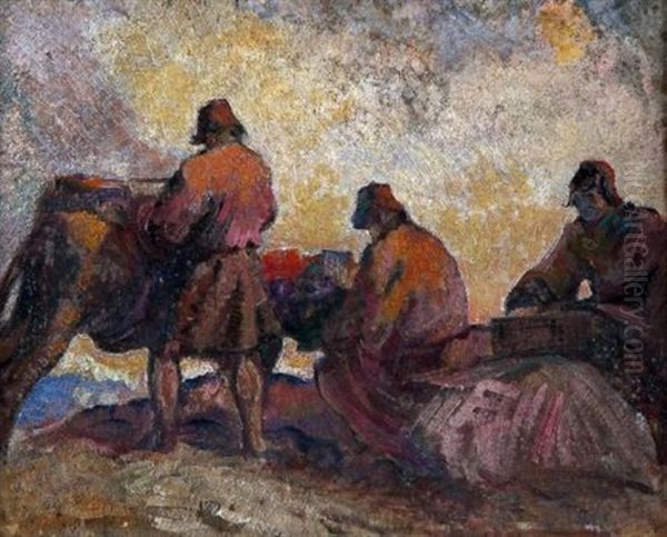 Andes Travellers Loading Pack Mules Oil Painting by Alfredo Helsby