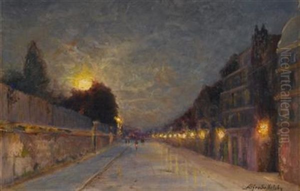 Moonlit Street Scene Oil Painting by Alfredo Helsby