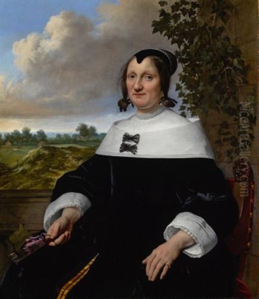 Portrait Of A Lady, Probably Hester Du Pire, Seated Before A Balustrade, Holding A Fan, With A View Out To The Sea Beyond Oil Painting by Bartholomeus Van Der Helst