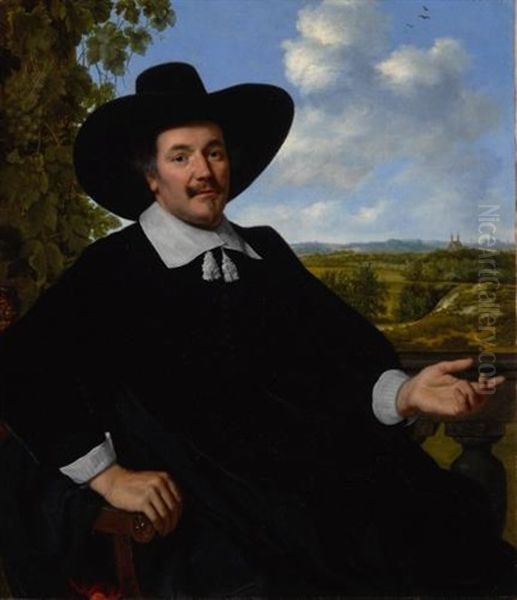 Portrait Of A Gentleman, Probably Hendrick Zegersz Van Der Kamp, Seated Before A Balustrade, A Landscape With Country House And A Distant View Of Haarlem Beyond Oil Painting by Bartholomeus Van Der Helst