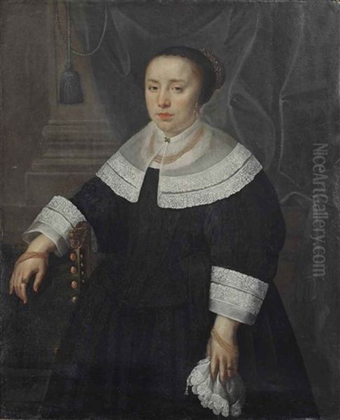 Portrait Of A Lady, Three-quarter Length, In A Black Dress With White Lace Collar And Cuffs And Golden Jewelry, Leaning With Her Right Hand On A Chair And Holding A White Handkerchief In The Other Hand, Standing Before A Column Oil Painting by Bartholomeus Van Der Helst