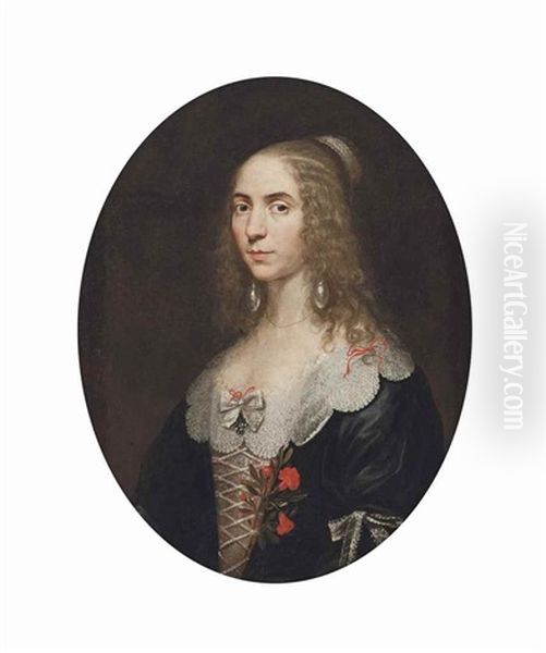 Portrait Of A Lady, Bust-length, In A Black Dress With Red Carnations Oil Painting by Bartholomeus Van Der Helst