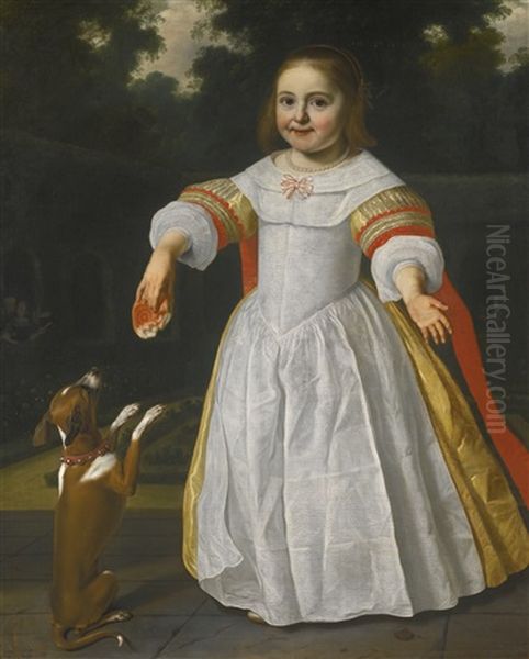 Portrait Of A Girl, Full-length, Holding A Breadbun And Playing With A Dog Oil Painting by Bartholomeus Van Der Helst