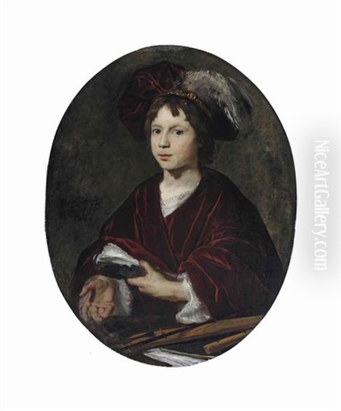 Portrait Of A Young Boy, Half-length, In A White Chemise, Red Velvet Drapery And A Feathered Velvet Beret, A Pochette, A Soprano Recorder And Sheet Music On A Ledge Before Him Oil Painting by Bartholomeus Van Der Helst