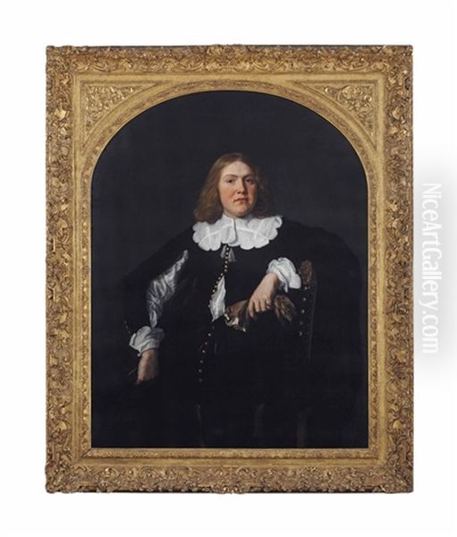 Portrait Of A Gentleman, Three-quarter-length, In A Black Coat And Shirt With Lace Collar And Cuffs, Holding Gloves In His Left Hand, Leaning Against A Chair Oil Painting by Bartholomeus Van Der Helst