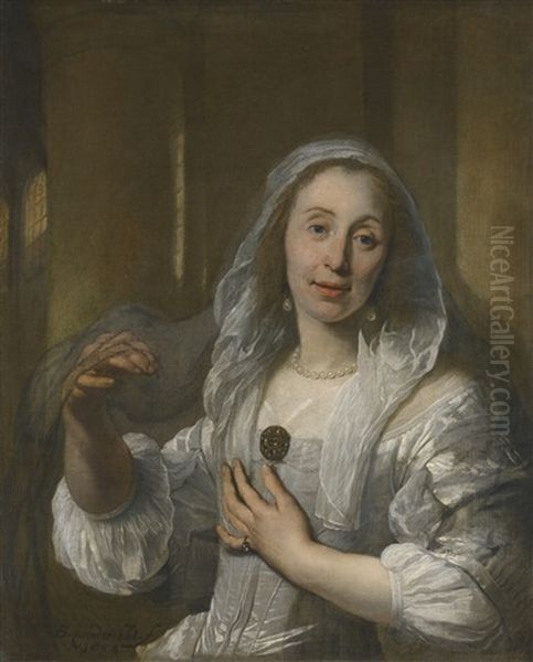 Portrait Of A Lady, Half-length, Wearing A White Dress Oil Painting by Bartholomeus Van Der Helst