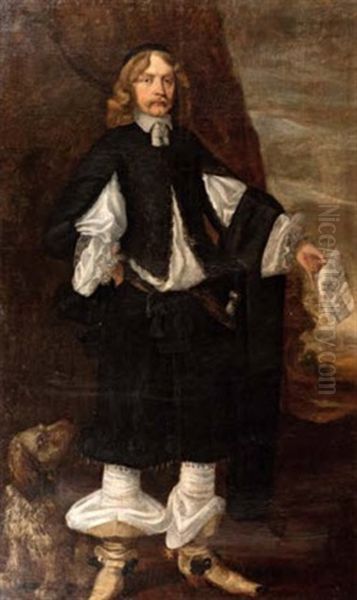 Portrait Of A Gentleman, Possibly Laurence Sverdrup, Full-length, In A Black And White Costume, Holding A Letter In His Left Hand, A Dog At His Feet Oil Painting by Bartholomeus Van Der Helst