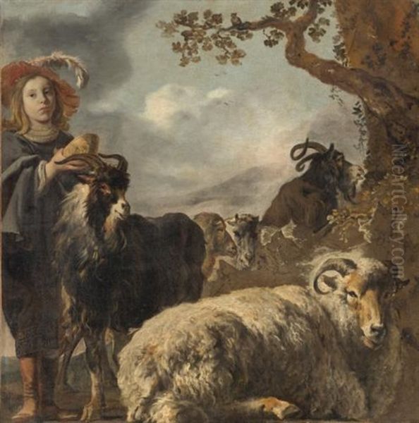 Shepherd Boy With Sheep And Goats Oil Painting by Bartholomeus Van Der Helst