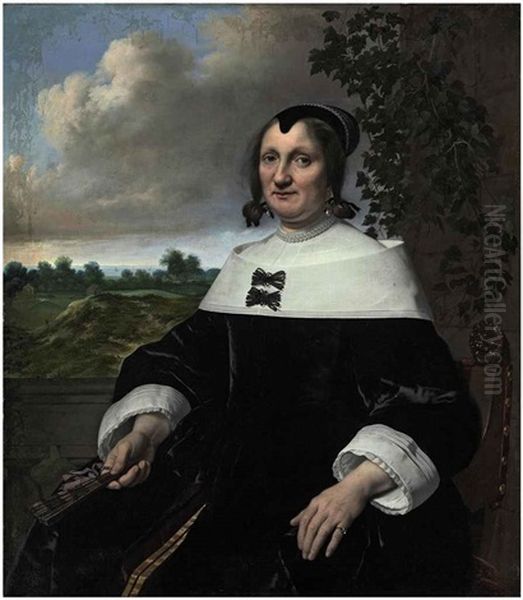 Portrait Of A Lady, Seated, Before A Balustrade, Holding A Fan, A Landscape With Bleaching Fields And A View Out To Sea Beyond Oil Painting by Bartholomeus Van Der Helst