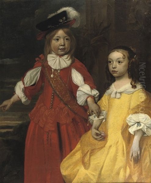 Double Portrait Of Henric And Barbara De Sandra, The Boy In A Read And White Costume And The Girl In A Yellow Dress Oil Painting by Bartholomeus Van Der Helst