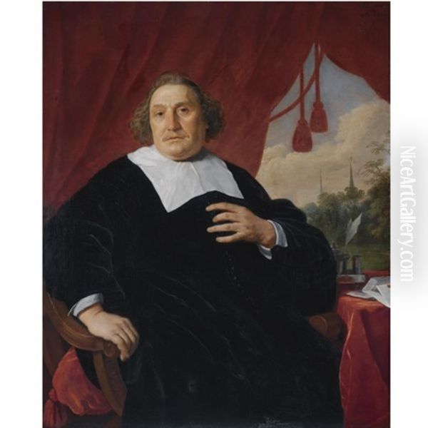 Portrait Of A Gentleman In Black Robe, Seated At A Table, A Wooded Landscape With Two Church Spires In The Background Oil Painting by Bartholomeus Van Der Helst