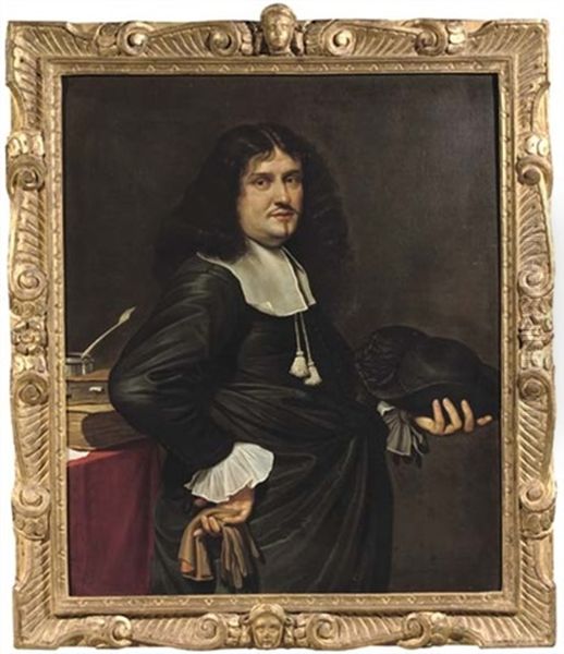 Portrait Of A Gentleman In A Black Costume With A White Chemise And Collar, Holding A Hat In His Left Hand, Standing Beside A Table With Books And Writing Materials Oil Painting by Bartholomeus Van Der Helst