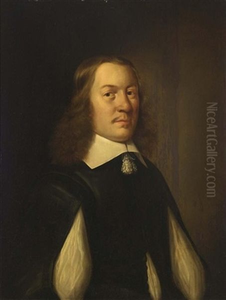 A Portrait Of A Gentleman Wearing A Black Coat And White Chemise Oil Painting by Bartholomeus Van Der Helst