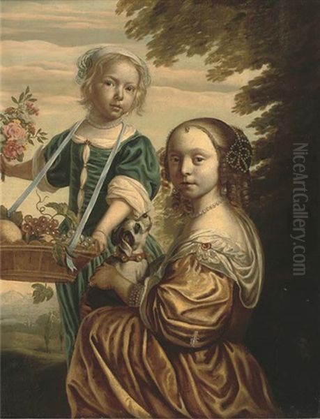 Double Portrait Of Two Girls, The Elder Kneeling, In A Yellow Silk Dress With A Dog In Her Lap, The Younger Standing, In A Blue Silk Dress With A Basket Of Fruit In Her Hands Oil Painting by Bartholomeus Van Der Helst