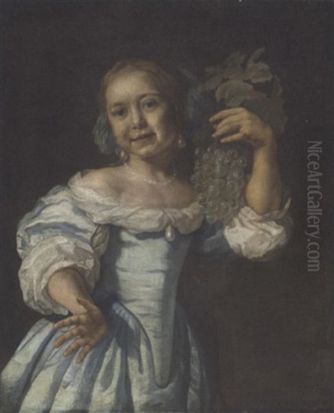 Portrait Of A Young Girl In A Blue And White Dress With A Blue Ribbon In Her Hair, A Bunch Of Grapes In Her Left Hand Oil Painting by Bartholomeus Van Der Helst