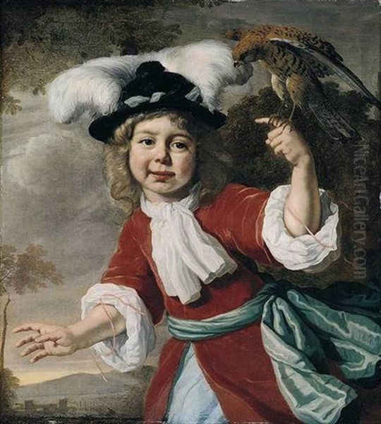 Portrait Of A Young Boy Wearing A Red Coat Tied With A Pale Blue Sash And A Feathered Hat, Holding A Kestrel, A Landscape Beyond Oil Painting by Bartholomeus Van Der Helst