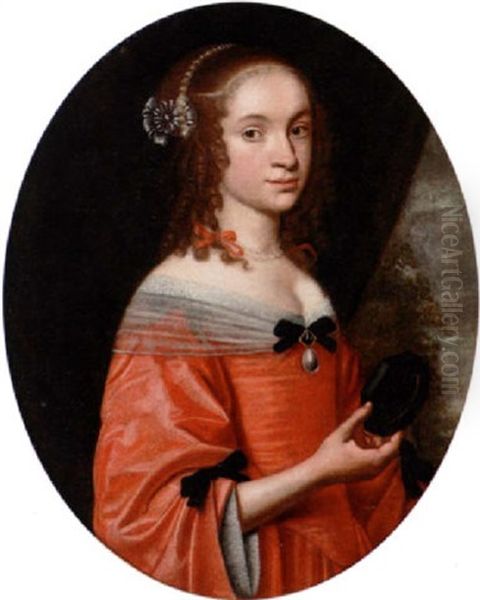 Portrait Of A Young Lady In A Red Dress Holding A Miniature by Bartholomeus Van Der Helst