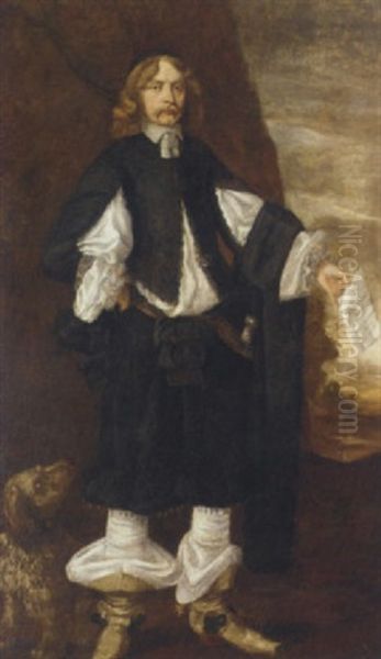 Portrait Of A Gentleman In A Black And White Costume, Holding A Letter In His Left Hand, A Dog At His Right Oil Painting by Bartholomeus Van Der Helst