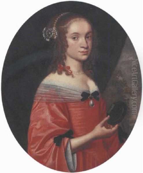 Portrait Of A Young Lady In A Red Dress And Holding A Miniature Oil Painting by Bartholomeus Van Der Helst