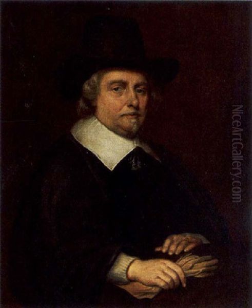 A Portrait Of A Man, Wearing A Black Costume With White Collar And Black Hat Oil Painting by Bartholomeus Van Der Helst