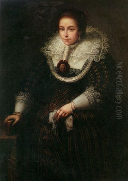 A Portrait Of A Lady Wearing A Fine Lace Collar And Holding A Book (madame Van Tromp?) Oil Painting by Bartholomeus Van Der Helst