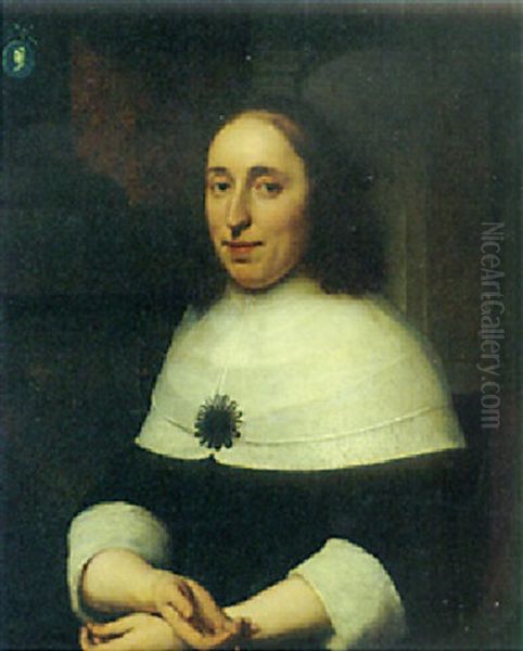 Portrait Of A Lady In A Black Dress On A Terrace, A Cameo On A Column Above Oil Painting by Bartholomeus Van Der Helst