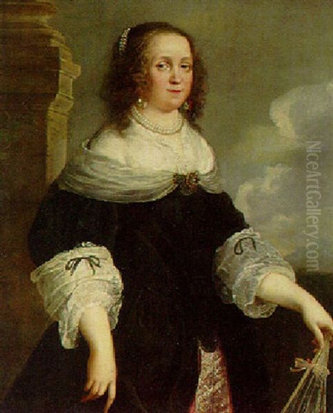 Portrait Of A Lady, Wearing A Black Dress With Lace Collar And Sleeves, Holding A Fan Oil Painting by Bartholomeus Van Der Helst