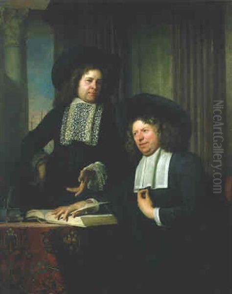 Two Gentlemen Seated At A Table Oil Painting by Bartholomeus Van Der Helst