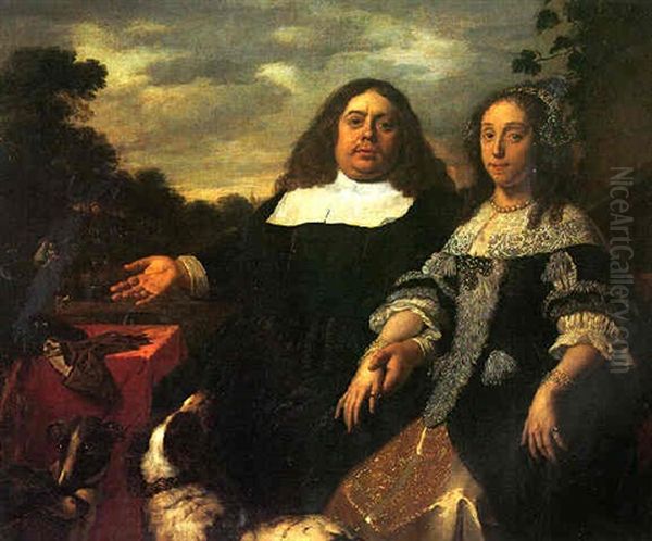 Double Portrait Of A Gentleman And His Wife, Sitting By A Terrace, Both Dressed In Black, His Hand On Her Hand Oil Painting by Bartholomeus Van Der Helst