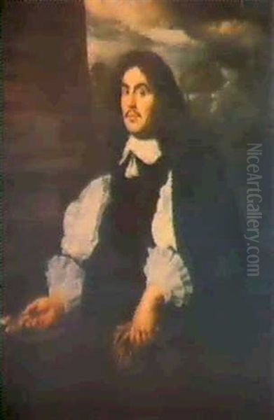 Portrait Of Jean Van Male, Standing Three-quarter Length,   Wearing A Black Costume With A White Collar And Cuffs Oil Painting by Bartholomeus Van Der Helst