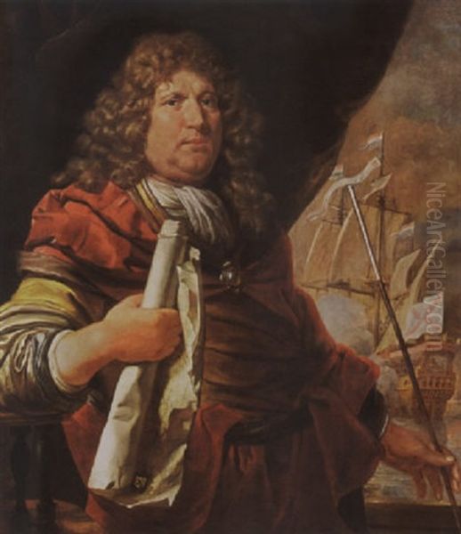 A Portrait Of Vice-admiral Abraham Van Der Hulst, Wearing A Grey-lined Yellow Coat With A Red Cloak And White Chemise Oil Painting by Lodewyck Van Der Helst