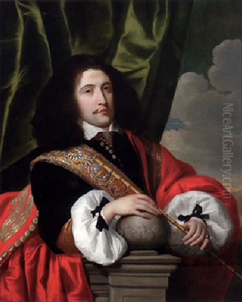 Portrait Of A Civic Guard In A Black Coat With A Red Cloak, A Riding Whip In His Left Hand, Leaning On A Ledge Oil Painting by Lodewyck Van Der Helst