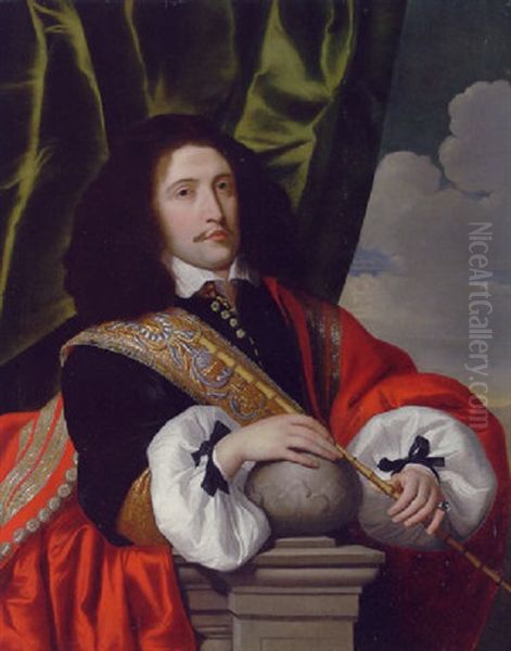 Portrait Of A Civic Guard In A Black Coat With A Red Cloak, A Riding Whip In His Left Hand, Leaning On A Ledge Oil Painting by Lodewyck Van Der Helst