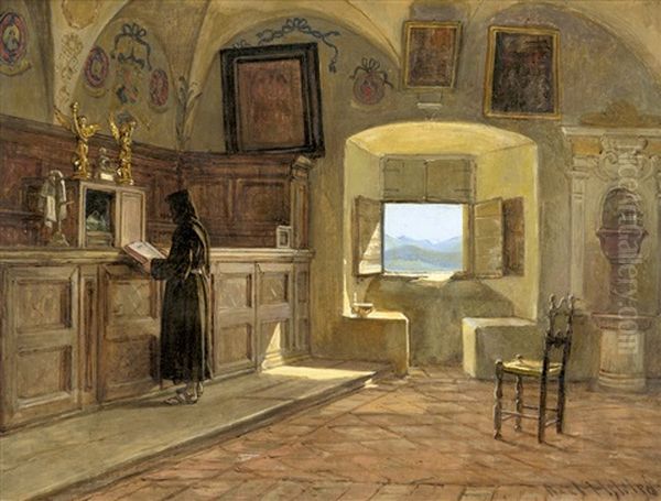 Interieur Eines Klosterzimmers Mit Lesendem Monch Oil Painting by Axel Theofilus Helsted