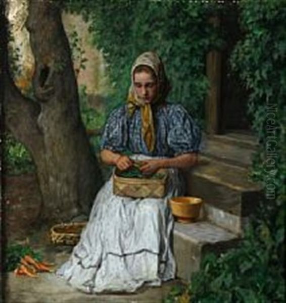 A Young Girl Podding Peas Oil Painting by Axel Theofilus Helsted