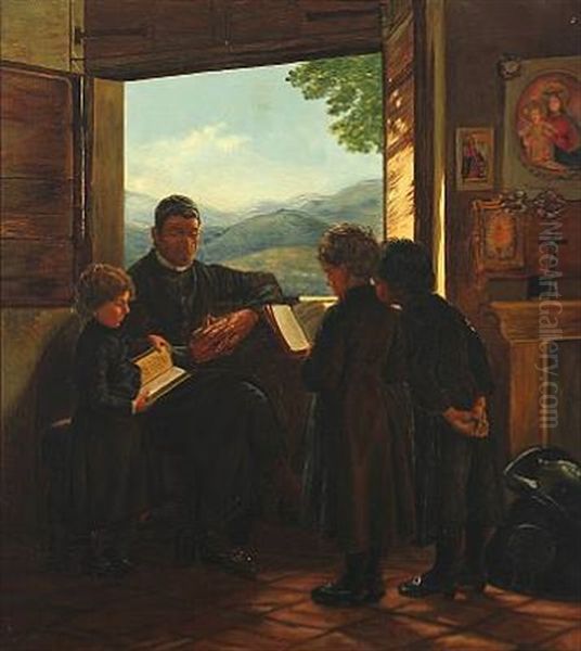 Interior From Italy With A Priest And Reading Children Oil Painting by Axel Theofilus Helsted