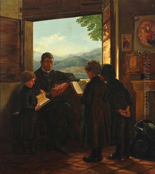 Interior With A Priest And Reading Children Oil Painting by Axel Theofilus Helsted