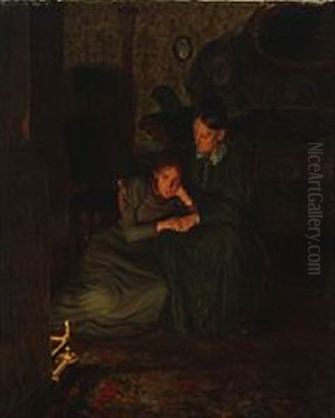 Interior With Two Contemplating Women In Front Of The Fireplace Oil Painting by Axel Theofilus Helsted