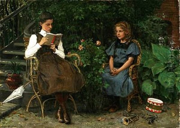 Two Girls In A Garden Oil Painting by Axel Theofilus Helsted